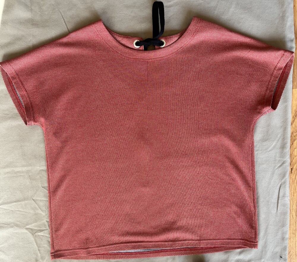 FRNCH Paris Womens M Red Gold Metallic Striped Boxy Top Tie Back Short Sleeve